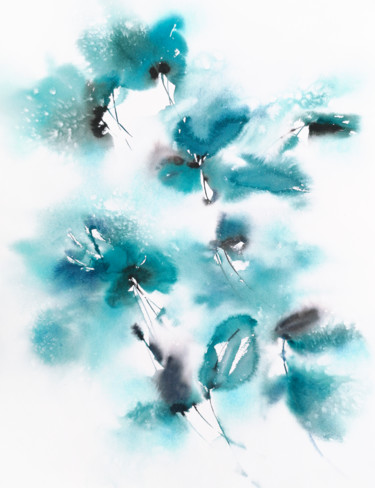 Watercolor floral painting "Turquoise bouquet" Картина под названием "Watercolor floral p…" - Olga Grigorevykh, Подлинное произведение искусства, Акварель