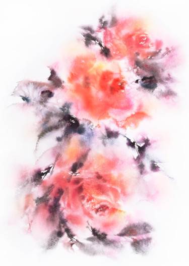 Vintage roses, watercolor floral painting Картина под названием "Vintage roses, wate…" - Olga Grigorevykh, Подлинное произведение искусства, Акварель