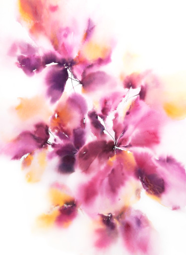 Purple watercolor abstract flowers painting Schilderij getiteld "Purple watercolor a…" door Olga Grigorevykh, Origineel Kunstwerk, Aquarel