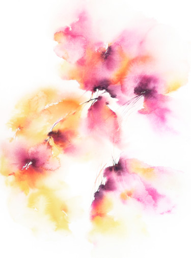 Pink yellow flowers, abstract floral bouquet watercolor Картина под названием "Pink yellow flowers…" - Olga Grigorevykh, Подлинное произведение искусства, Акварель