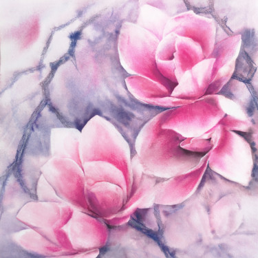 Magnolia blooming. Pink flowers watercolor painting Картина под названием "Magnolia blooming.…" - Olga Grigorevykh, Подлинное произведение искусства, Акварель