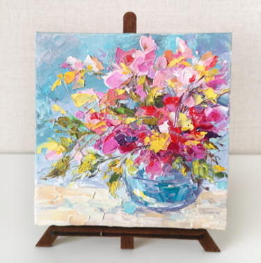 Wild flowers. Small floral painting. Pink bouquet. Картина под названием "Wild flowers. Small…" - Olga Grigorevykh, Подлинное произведение искусства, Масло