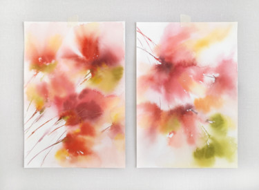 Red abstract flowers. Set of 2 watercolor floral paintings Картина под названием "Red abstract flower…" - Olga Grigorevykh, Подлинное произведение искусства, Акварель