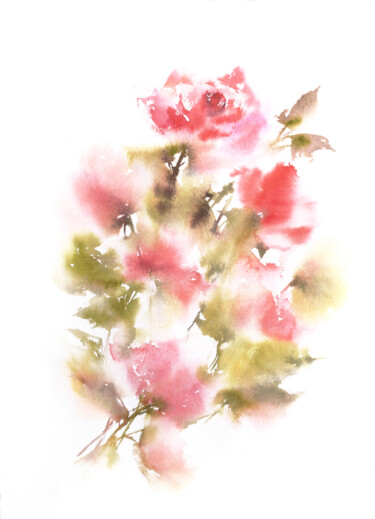 Rose bouquet. Watercolor floral painting Картина под названием "Rose bouquet. Water…" - Olga Grigorevykh, Подлинное произведение искусства, Акварель