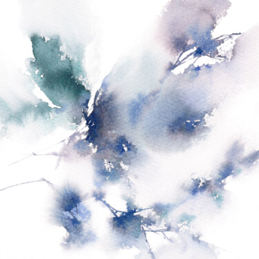 Blue abstract flowers. Small watercolor floral painting Картина под названием "Blue abstract flowe…" - Olga Grigorevykh, Подлинное произведение искусства, Акварель