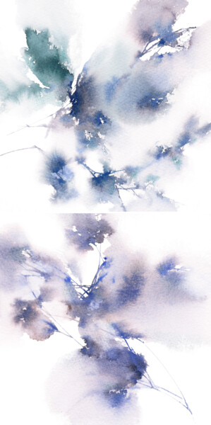 Blue flowers. Watercolor floral painting set of 2 Картина под названием "Blue flowers. Water…" - Olga Grigorevykh, Подлинное произведение искусства, Акварель