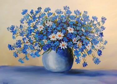 Malerei mit dem Titel "Blue flowers 5" von Olga Hanns (O. Hanns), Original-Kunstwerk, Öl