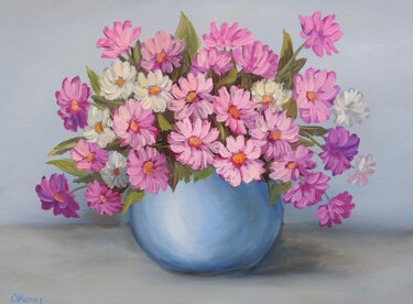 Schilderij getiteld "Rosa Blumen" door Olga Hanns (O. Hanns), Origineel Kunstwerk, Olie