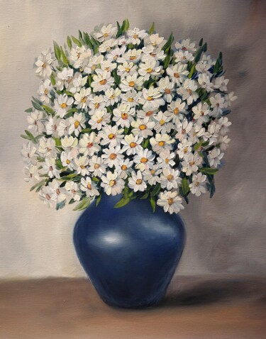 Painting titled "Chamomile in a blue…" by Olga Hanns (O. Hanns), Original Artwork, Oil