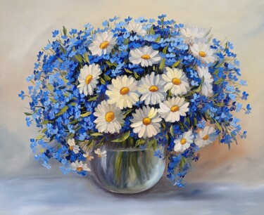 Schilderij getiteld "Bunte Blumen blau w…" door Olga Hanns (O. Hanns), Origineel Kunstwerk, Olie