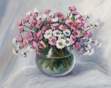 Malerei mit dem Titel "Rosa Blumen 3.22" von Olga Hanns (O. Hanns), Original-Kunstwerk, Öl