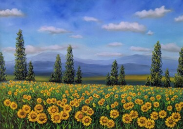Peinture intitulée "Sonnenblumen Landsc…" par Olga Hanns (O. Hanns), Œuvre d'art originale, Huile