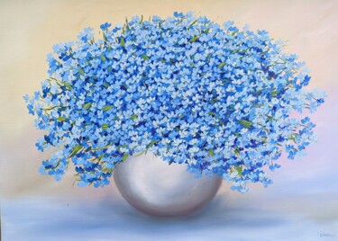 Schilderij getiteld "Blaue Blumen 70cm" door Olga Hanns (O. Hanns), Origineel Kunstwerk, Olie