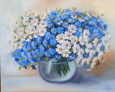 Schilderij getiteld "Blaue Blumen 11.22" door Olga Hanns (O. Hanns), Origineel Kunstwerk, Olie