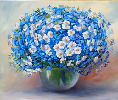 Schilderij getiteld "Blaue Blumen 12.22" door Olga Hanns (O. Hanns), Origineel Kunstwerk, Olie