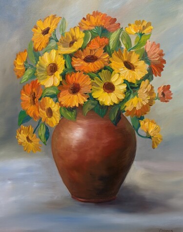 Painting titled "Gelbe Blumen 2.23" by Olga Hanns (O. Hanns), Original Artwork, Oil