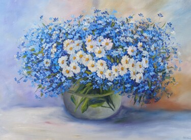 Painting titled "Blaue Blumen 1.24" by Olga Hanns (O. Hanns), Original Artwork, Oil