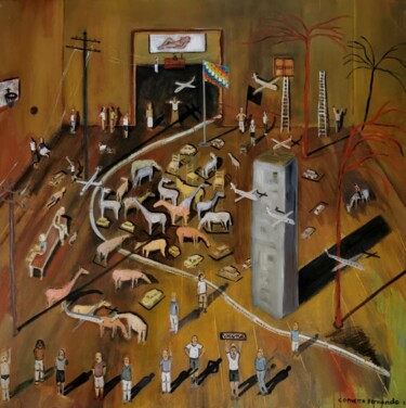 제목이 "Interior Mapuche."인 미술작품 Fernando Cometto로, 원작, 기름 나무 들것 프레임에 장착됨