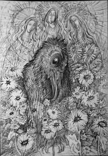 Drawing titled "ворона" by Oksana Prudnikova, Original Artwork, Gel pen
