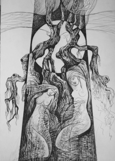 Drawing titled "у реки" by Oksana Prudnikova, Original Artwork, Gel pen