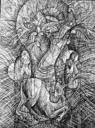 Drawing titled "народження" by Oksana Prudnikova, Original Artwork, Gel pen
