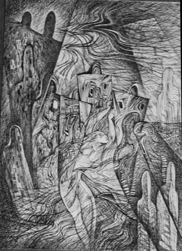 Disegno intitolato "ночной город" da Oksana Prudnikova, Opera d'arte originale, Penna gel
