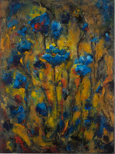 Painting titled "Blue flowers" by Ok, Original Artwork, Oil Mounted on Wood Stretcher frame