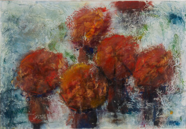 Painting titled "Red umbrellas. Flas…" by Ok, Original Artwork, Oil Mounted on Cardboard