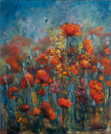 Schilderij getiteld "Red poppies" door Ok, Origineel Kunstwerk, Olie Gemonteerd op Frame voor houten brancard