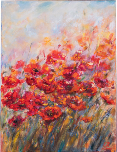 Painting titled ""poppies"" by Ok, Original Artwork, Oil Mounted on Wood Stretcher frame