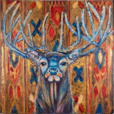Painting titled ""Deer like the sun"" by Ok, Original Artwork, Oil Mounted on Wood Stretcher frame