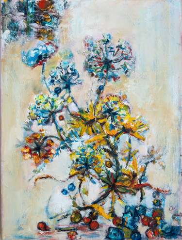 Painting titled "flowers" by Ok, Original Artwork, Oil Mounted on Wood Stretcher frame