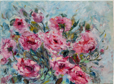 Painting titled "Pink roses" by Ok, Original Artwork, Oil