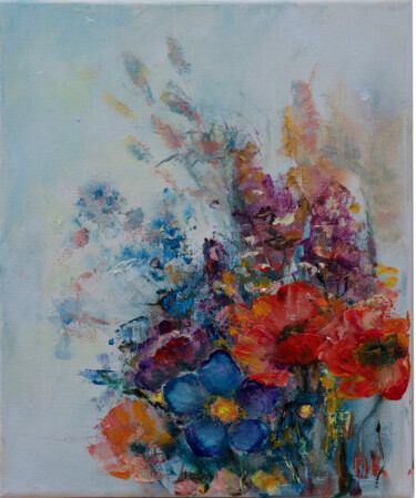 Painting titled "Bouquet" by Ok, Original Artwork, Oil Mounted on Wood Stretcher frame