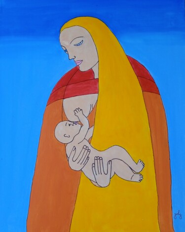 Peinture intitulée "MARIE ALLAITE SON E…" par Pulsart, Œuvre d'art originale, Acrylique Monté sur Châssis en bois