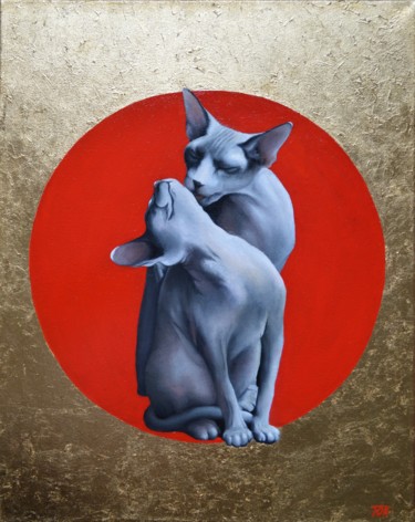 Картина под названием "Кошачья нежность" - Оксана Терехова, Подлинное произведение искусства, Масло Установлен на Деревянная…