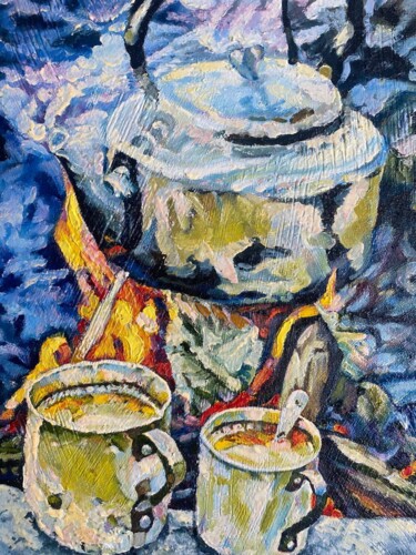 Картина под названием "Кофе в лесу" - Oksana Almiz, Подлинное произведение искусства, Масло Установлен на Деревянная рама дл…