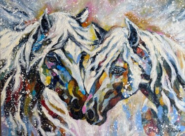 Schilderij getiteld "Белые лошади" door Oksana Almiz, Origineel Kunstwerk, Olie Gemonteerd op Frame voor houten brancard