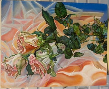 Schilderij getiteld "Розы розовые" door Oksana Almiz, Origineel Kunstwerk, Olie Gemonteerd op Frame voor houten brancard
