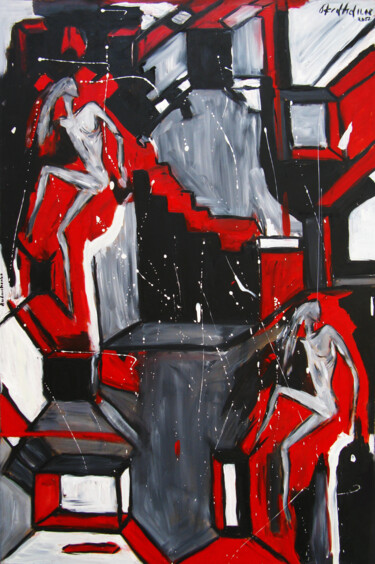 Painting titled "Black, white, red" by Oksana Budnichenko, Original Artwork, Oil