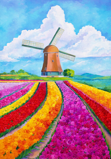 Картина под названием ""Windmill"" - Oksana Chetverikova, Подлинное произведение искусства, Акрил Установлен на Деревянная р…