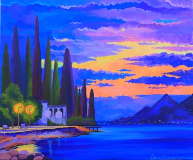 Painting titled ""Italy Garda"" by Oksana Chetverikova, Original Artwork, Acrylic Mounted on Wood Stretcher frame