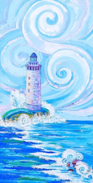 Painting titled ""Lighthouse"" by Oksana Chetverikova, Original Artwork, Acrylic Mounted on Wood Stretcher frame