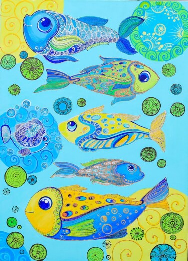 Картина под названием ""Fish of wealth"" - Oksana Chetverikova, Подлинное произведение искусства, Акрил Установлен на Деревя…