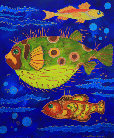 Pintura titulada ""Fugu"" por Oksana Chetverikova, Obra de arte original, Acrílico Montado en Bastidor de camilla de madera