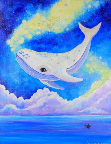 Schilderij getiteld ""Whale"" door Oksana Chetverikova, Origineel Kunstwerk, Acryl Gemonteerd op Frame voor houten brancard