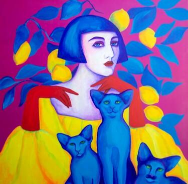 Malerei mit dem Titel "(Trio of cats)" von Oksana Chumakova, Original-Kunstwerk, Acryl Auf Keilrahmen aus Holz montiert