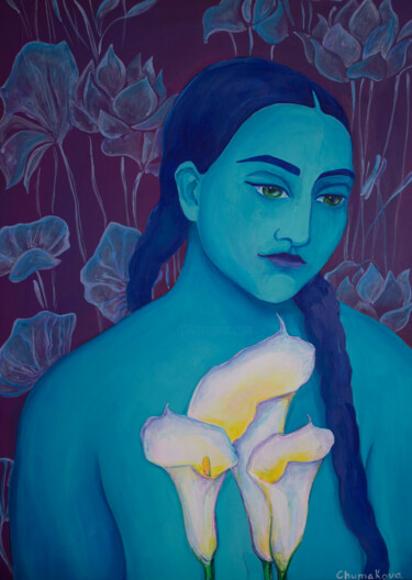Pittura intitolato "Girl with flowers" da Oksana Chumakova, Opera d'arte originale, Acrilico Montato su Telaio per barella i…