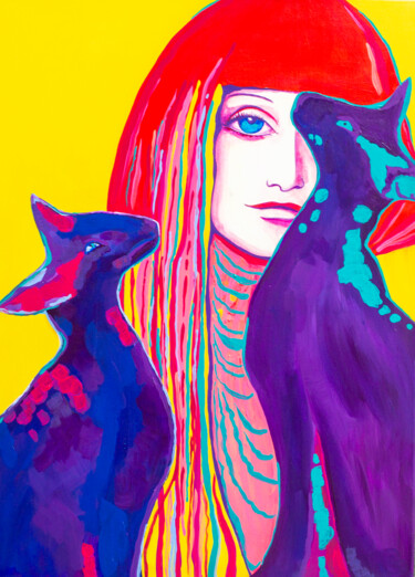 Painting titled ""Pussy" 2023" by Oksana Chumakova, Original Artwork, Acrylic Mounted on Wood Stretcher frame