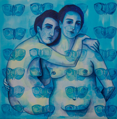 Painting titled "Blue Butterflies" by Oksana Chumakova, Original Artwork, Acrylic Mounted on Wood Stretcher frame